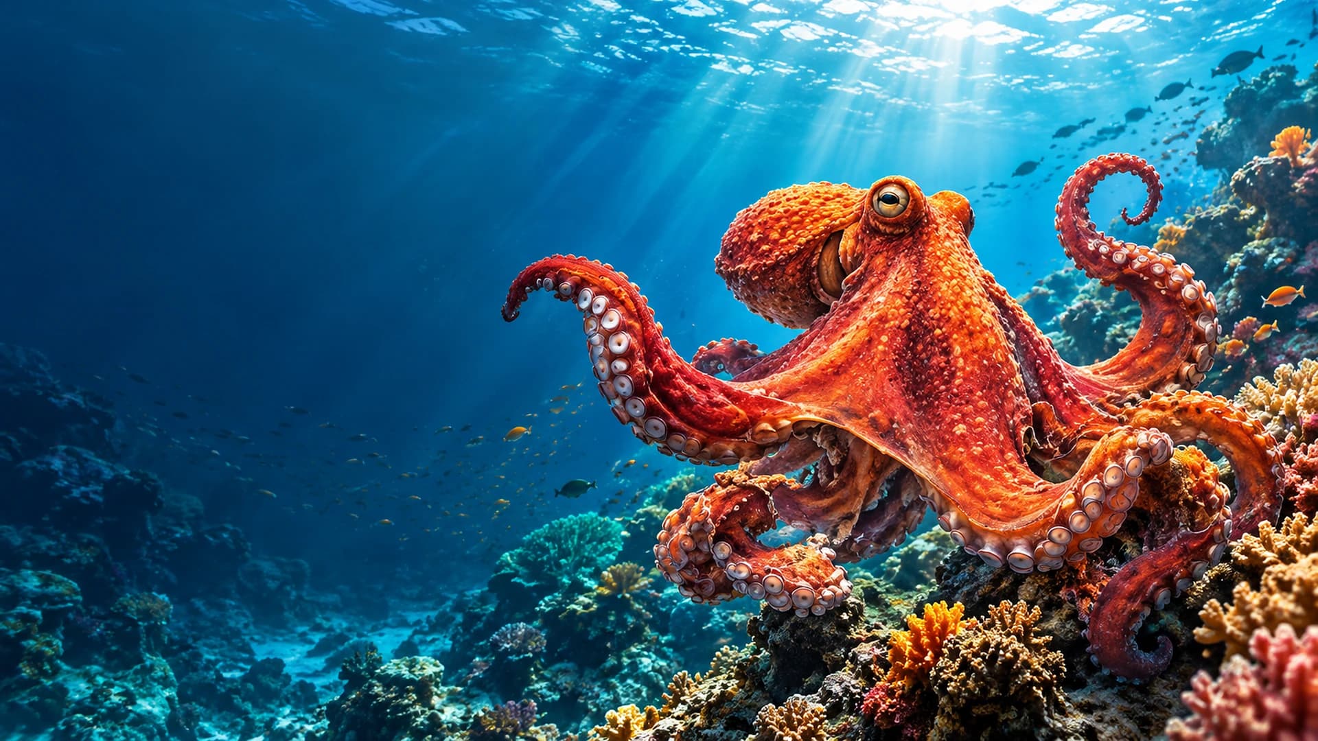 A vibrant orange octopus surrounded by coral reefs in sunlit blue water