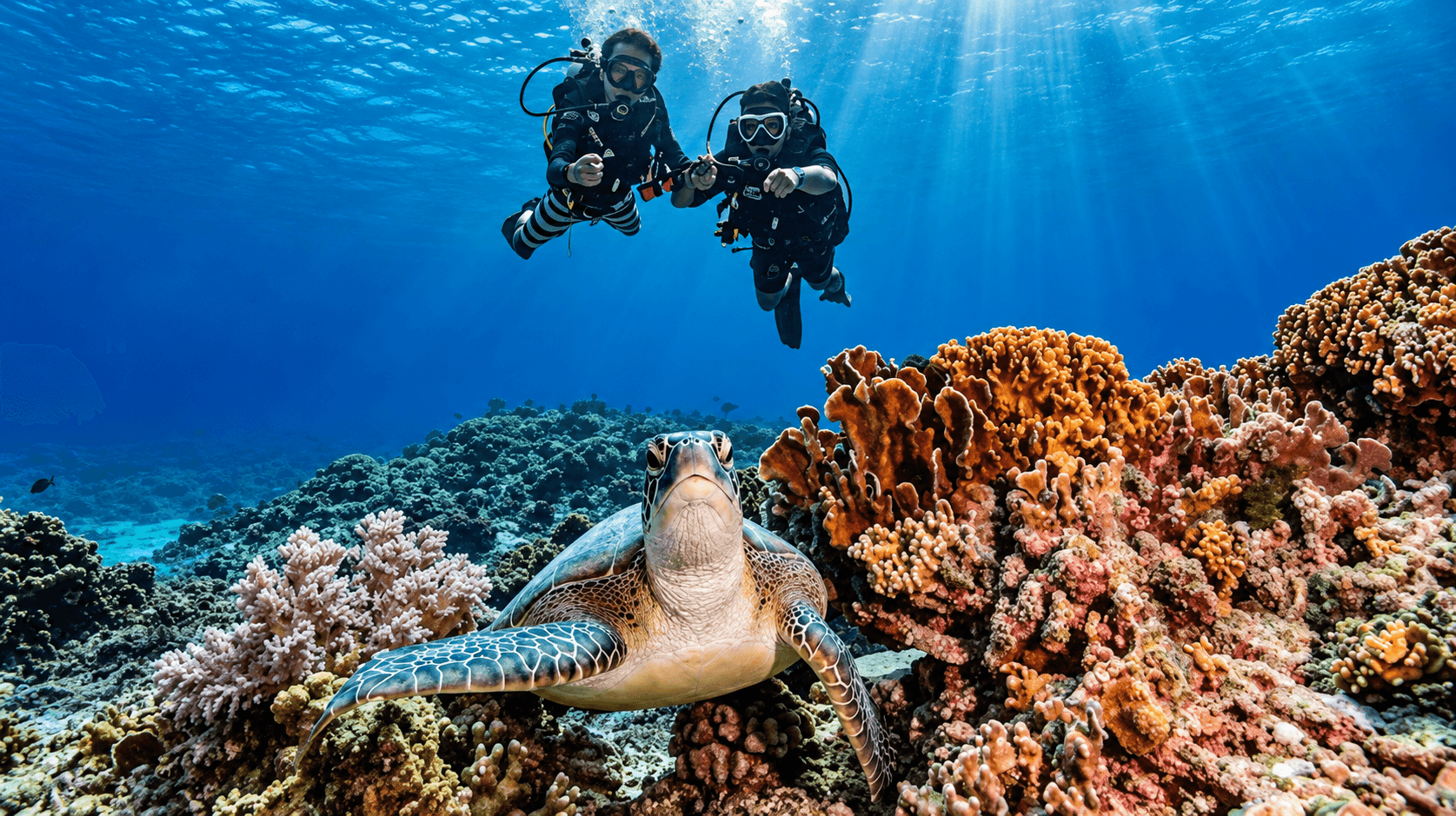 Scuba divers near a sea turtle and coral reef