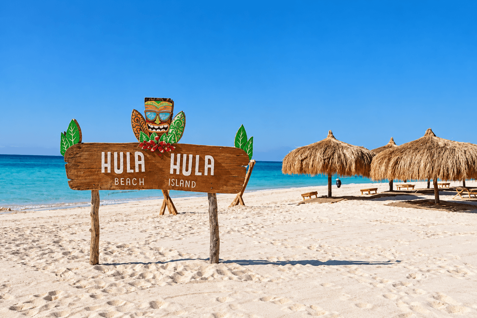 Hula Hula Beach Island entrance sign on a sandy beach