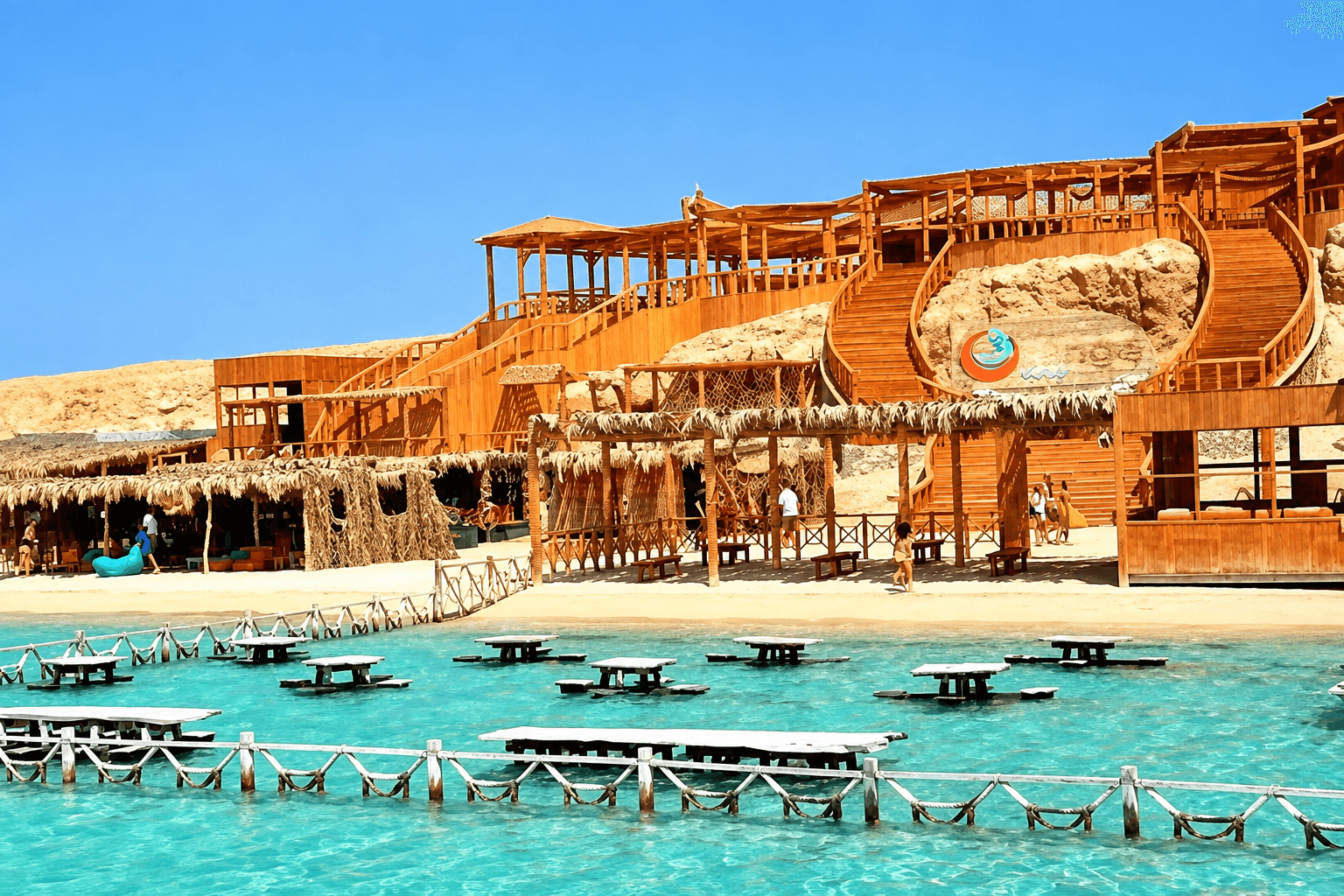 Actual Orange Bay beach club and shallow turquoise Red Sea water